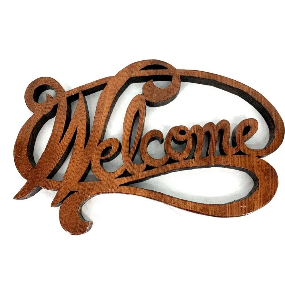 Welcome Sign Cut Wood Script Lettering Brown Wall Decor Handcrafted 13
